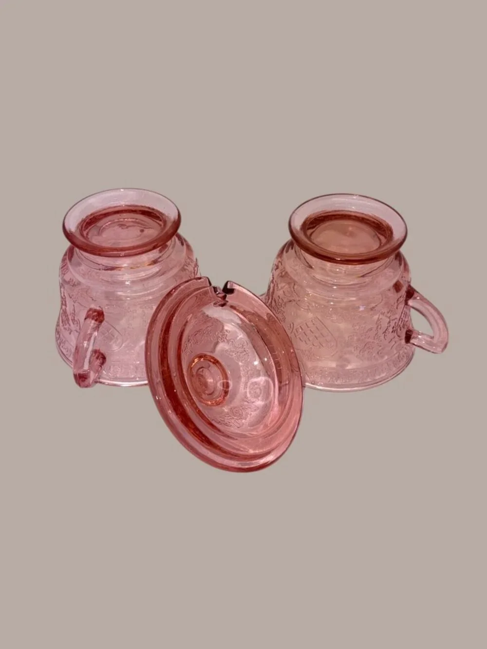 Federal Glass Sharon Cabbage Rose Pink Depression Glass Sugar Creamer Set c1930s